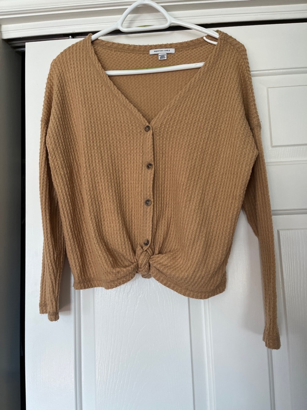 American Eagle Outfitters Tan Waffle-Knit Tie-Front Cardigan Shirt